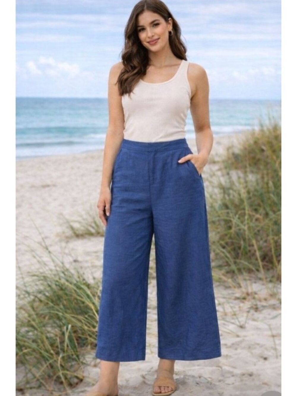 Ny & Co Linen Blend Pants Cropped Beachy Casual Wide Leg Blue Pocket Size Large